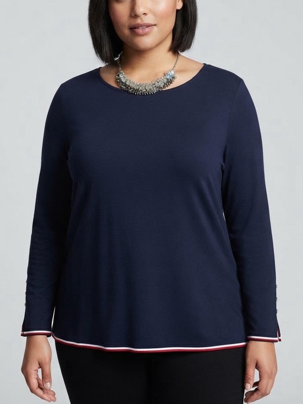 TOMMY HILFIGER Navy Long Sleeve Top with Red & White Trim